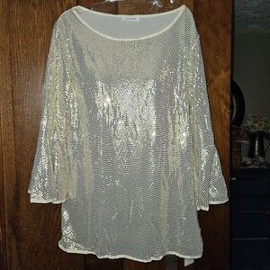 New Holipick Womens Large Gold Shimmery Sequin Bell Sleeve Party Top New Year's